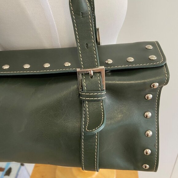 Claudia Firenze Genuine Leather Green Studded Handbag Buckle Straps snap closure - Picture 3 of 10